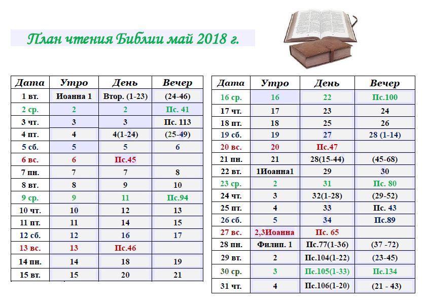 План чтения Библии на май 2018