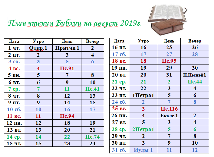 План чтения Библии - август 2019