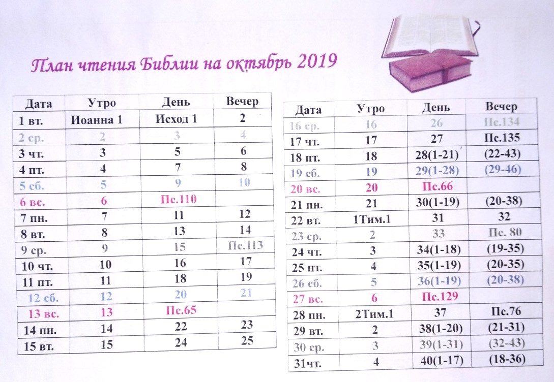 Plan of reading the Bible in October 2019