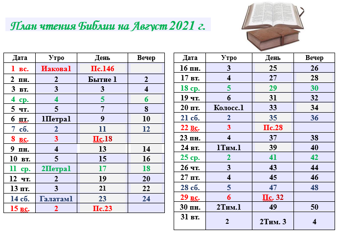 2021-08 План чтения Библии - Plan of reading the Bible